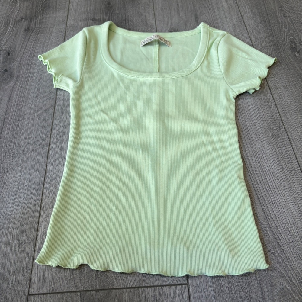 Abercrombie & Fitch Ribbed Lettuce Edge Womens Top XS Sage Green Scoop Neck Tee